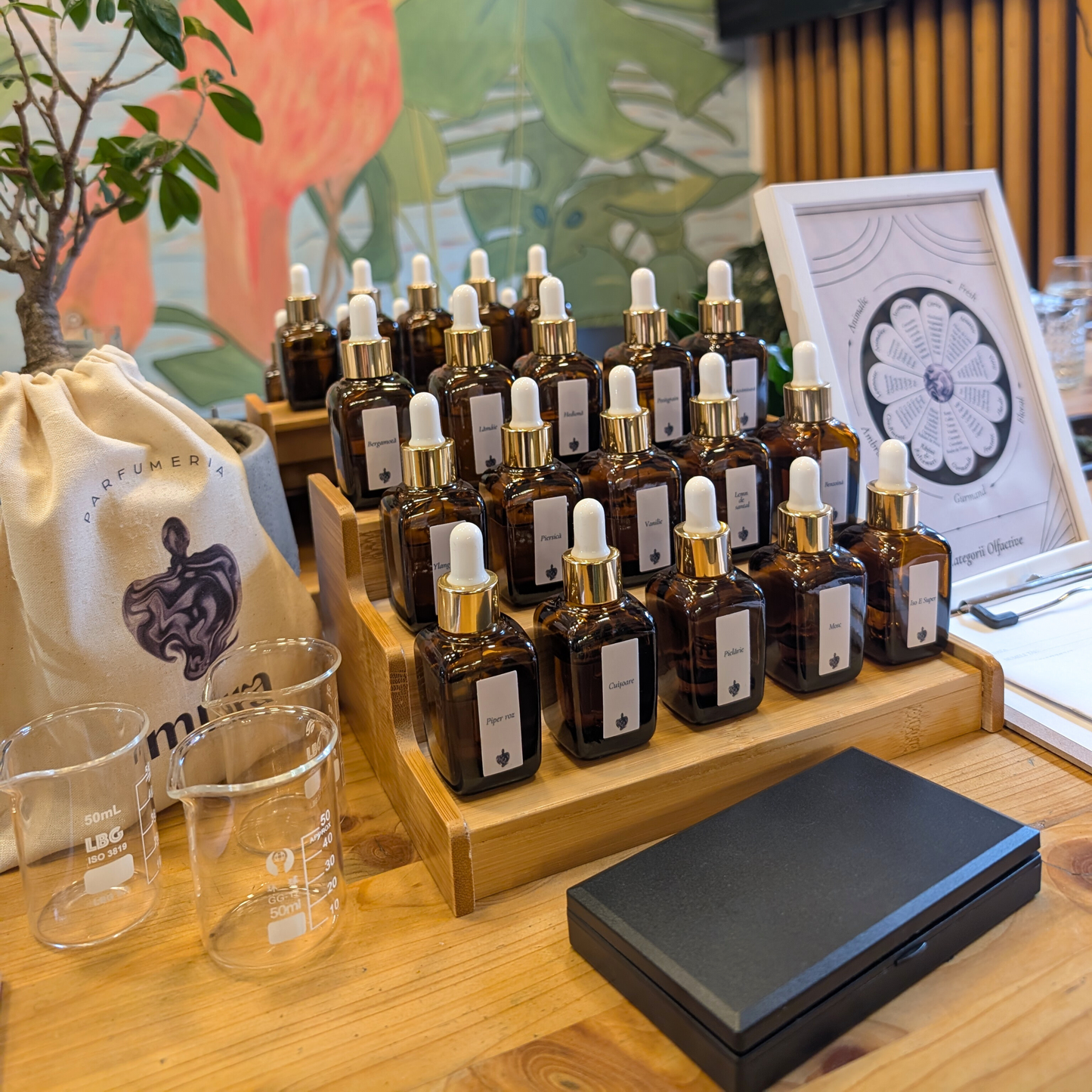 Materiale necesare pentru crearea parfumului personalizat în cadrul atelierului, incluse în preț